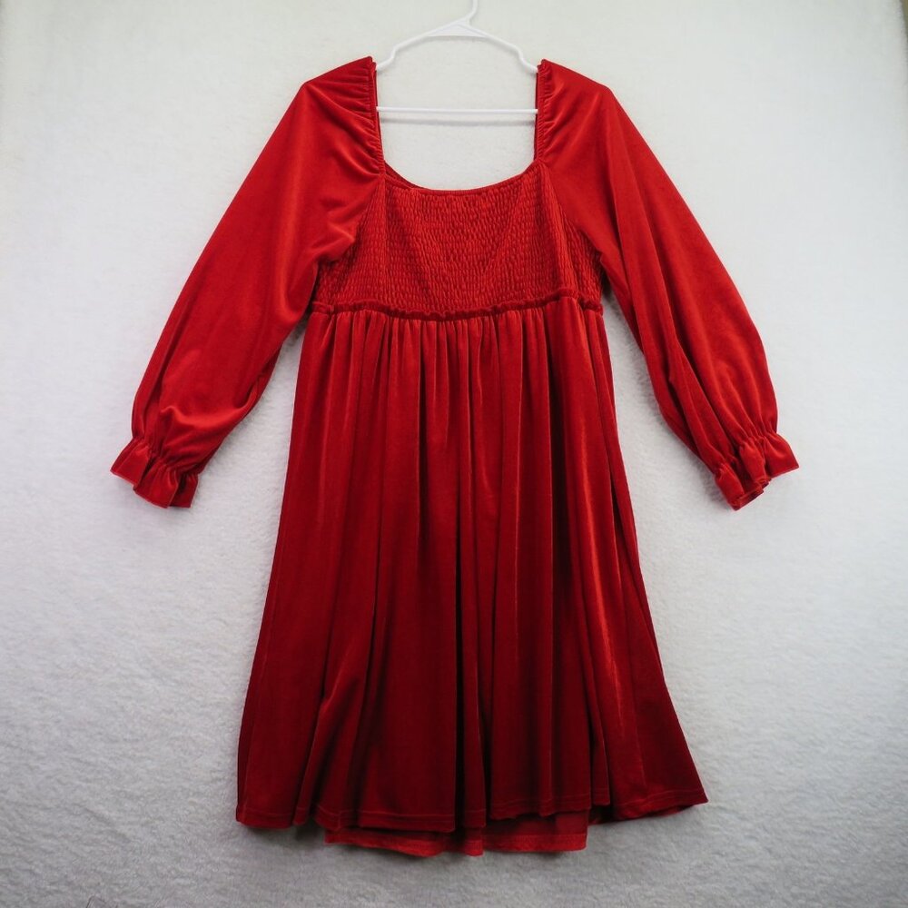 Shein Curve Dress Womens 0XL Red Long Sleeve Velvet Smocked Waist Holiday Party